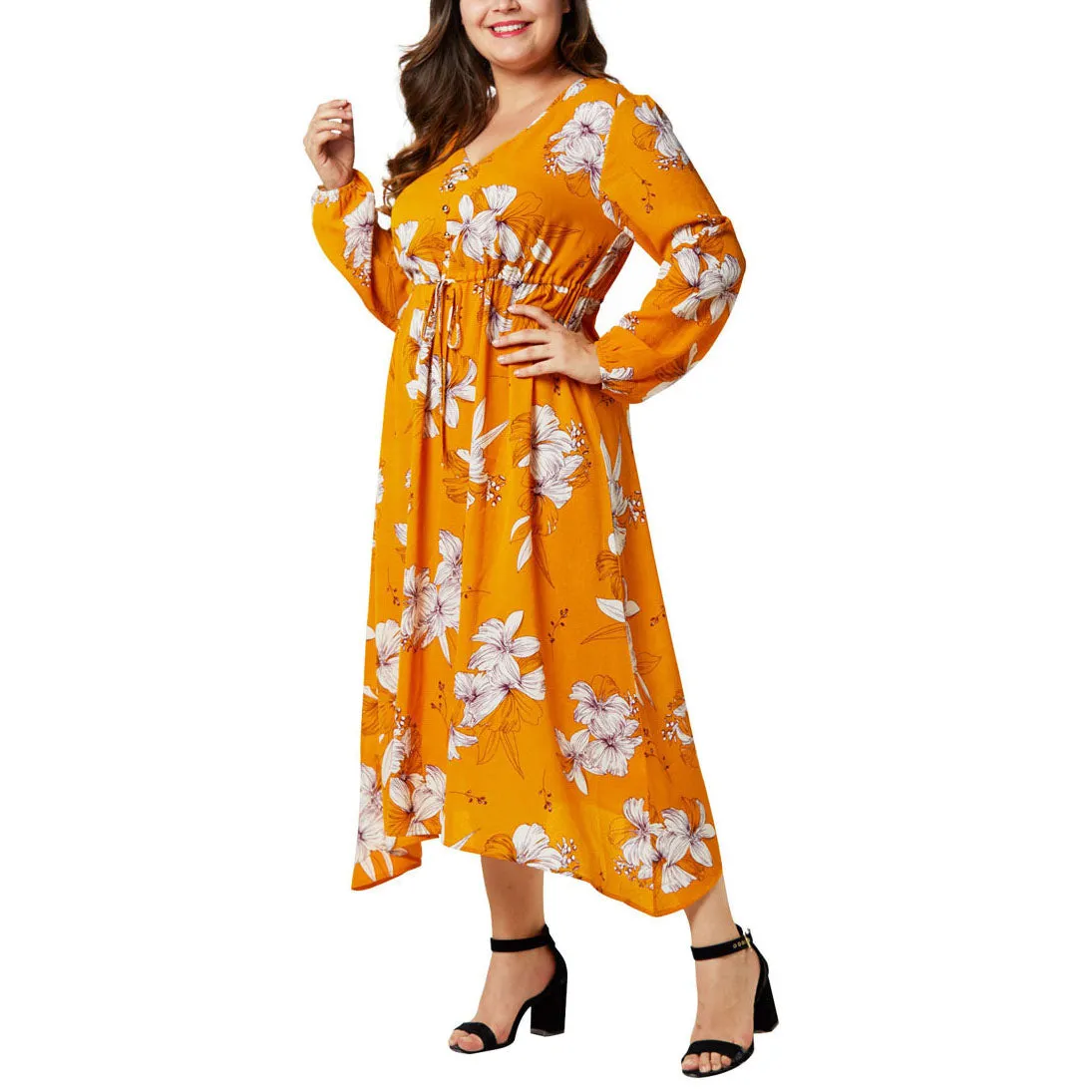 Large Size Women's Chiffon Print Dress Lantern Sleeve High Waist Irregular Large Swing Fat Mm Dress