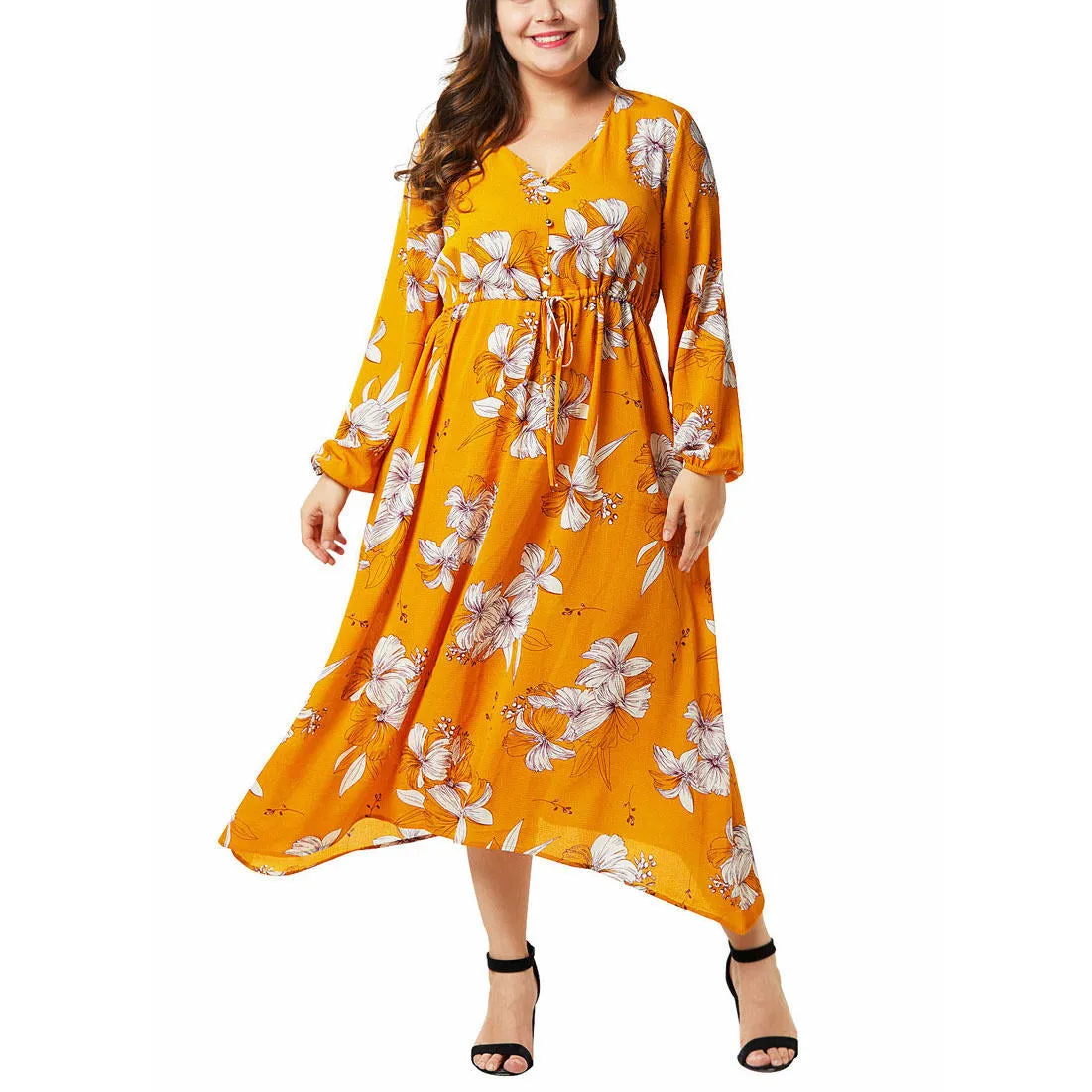Large Size Women's Chiffon Print Dress Lantern Sleeve High Waist Irregular Large Swing Fat Mm Dress