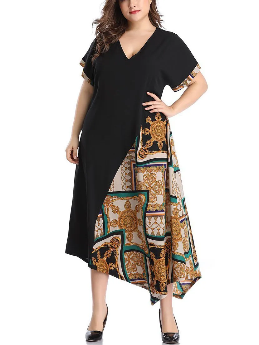 Large Size Women's Color Mosaic Print Dress