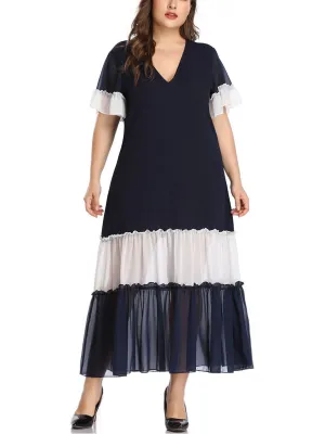 Large Size Women's Stitching Contrast Color Matching Dress Pleated Skirt Pleated Stitching