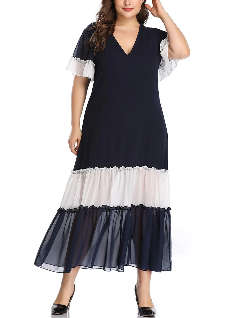 Large Size Women's Stitching Contrast Color Matching Dress Pleated Skirt Pleated Stitching