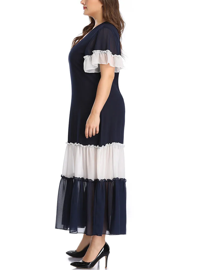 Large Size Women's Stitching Contrast Color Matching Dress Pleated Skirt Pleated Stitching