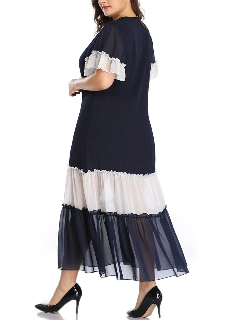 Large Size Women's Stitching Contrast Color Matching Dress Pleated Skirt Pleated Stitching