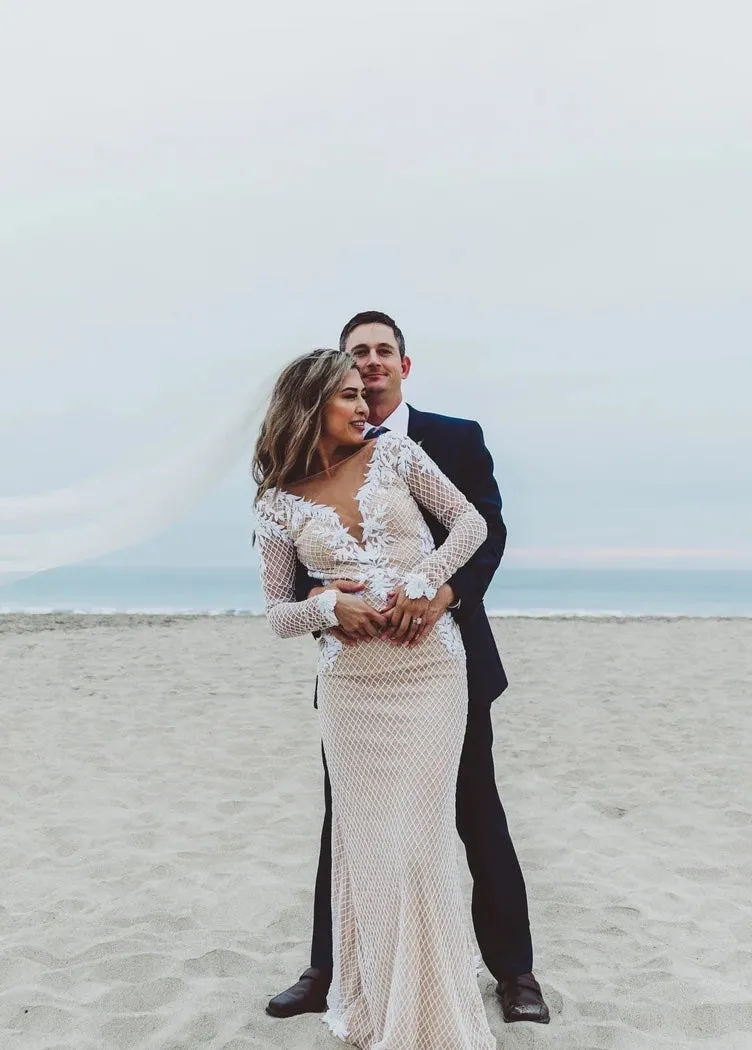 Leaf Lace Fully Beaded Sheath Wedding Dress | Yomali