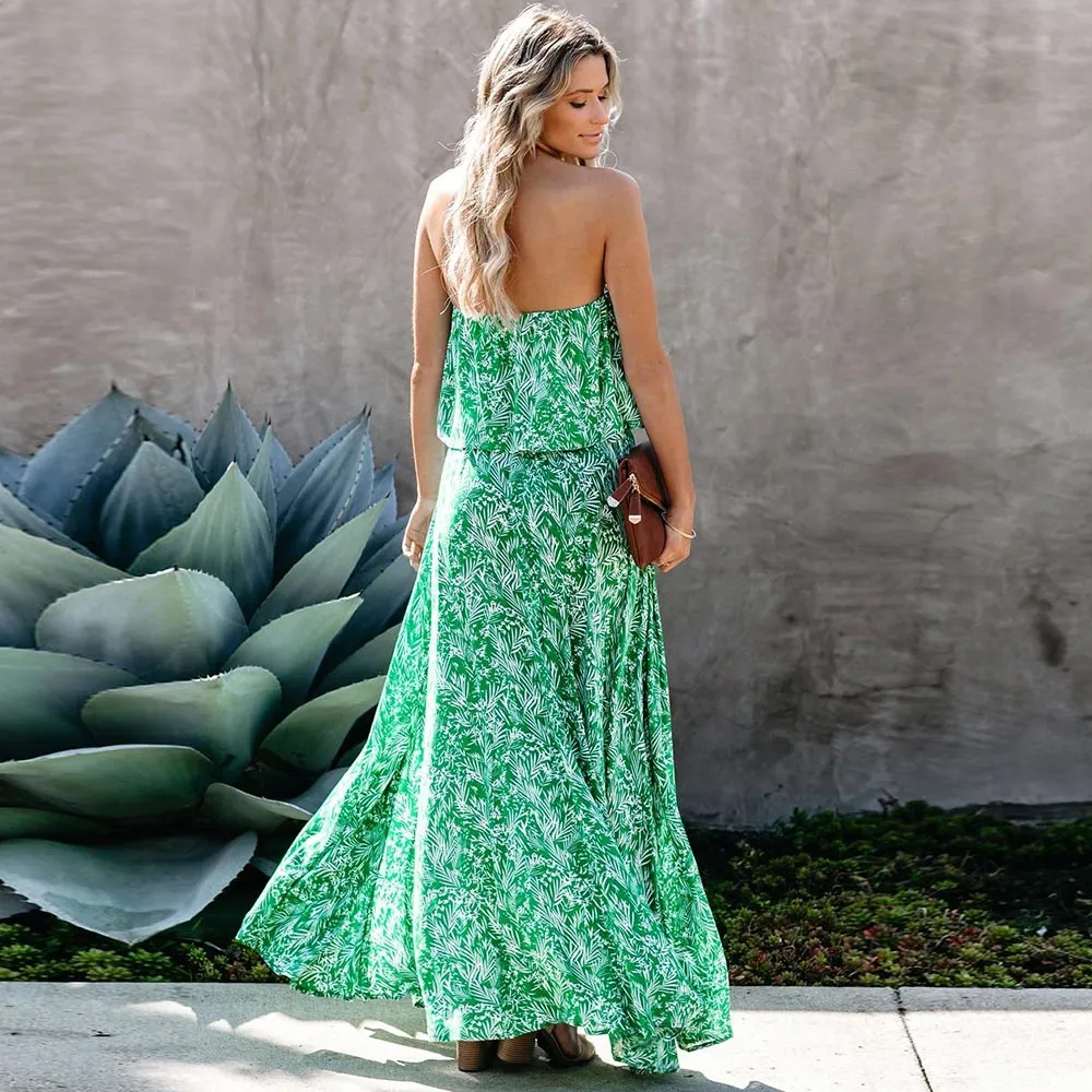 Leaf Print Maxi Summer Dress
