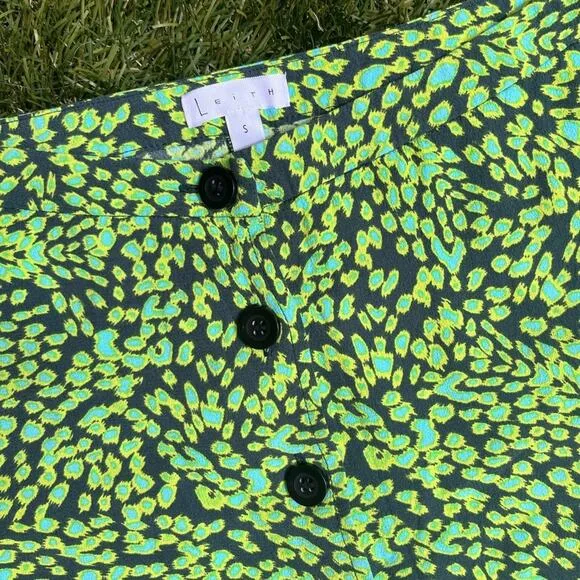 Leith Neon Leopard Print High Waist Button Front Flowy Slitted Midi Skirt Size S