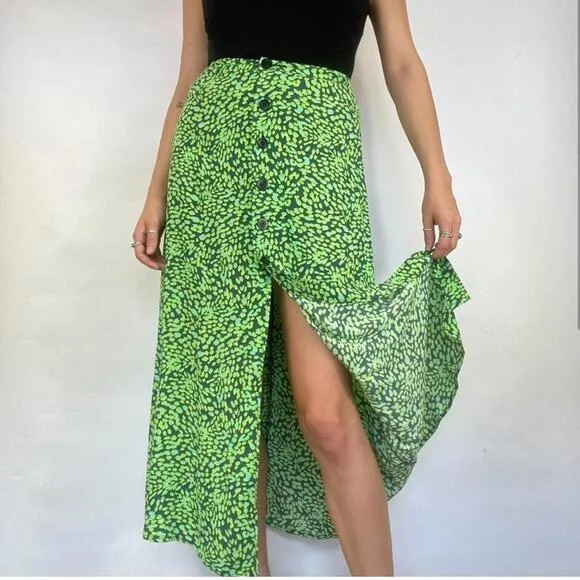 Leith Neon Leopard Print High Waist Button Front Flowy Slitted Midi Skirt Size S