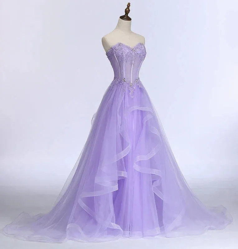Light Purple Tulle Sweetheart Long Party Dress A-line Tulle Formal Dress prom dresses shops