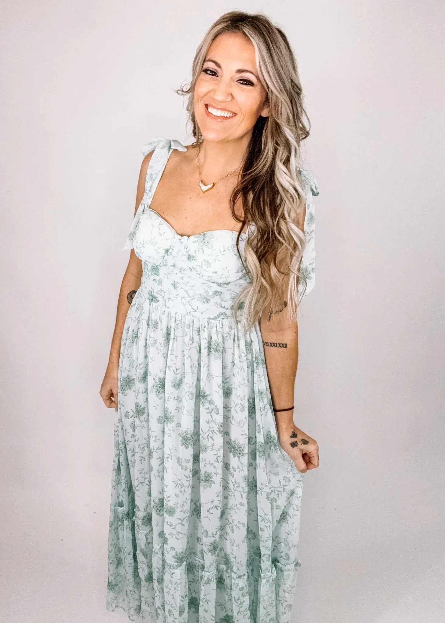 Light Sage Garden Party Sweetheart Midi Dress
