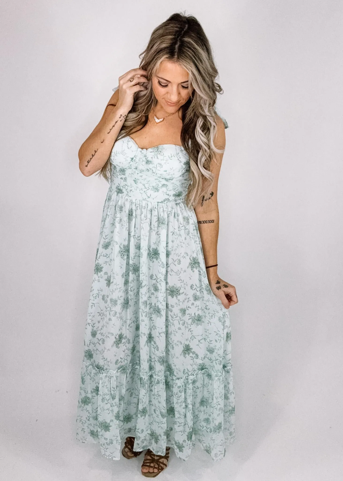 Light Sage Garden Party Sweetheart Midi Dress