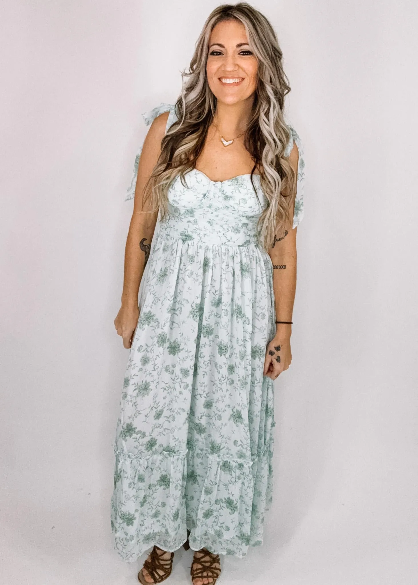 Light Sage Garden Party Sweetheart Midi Dress