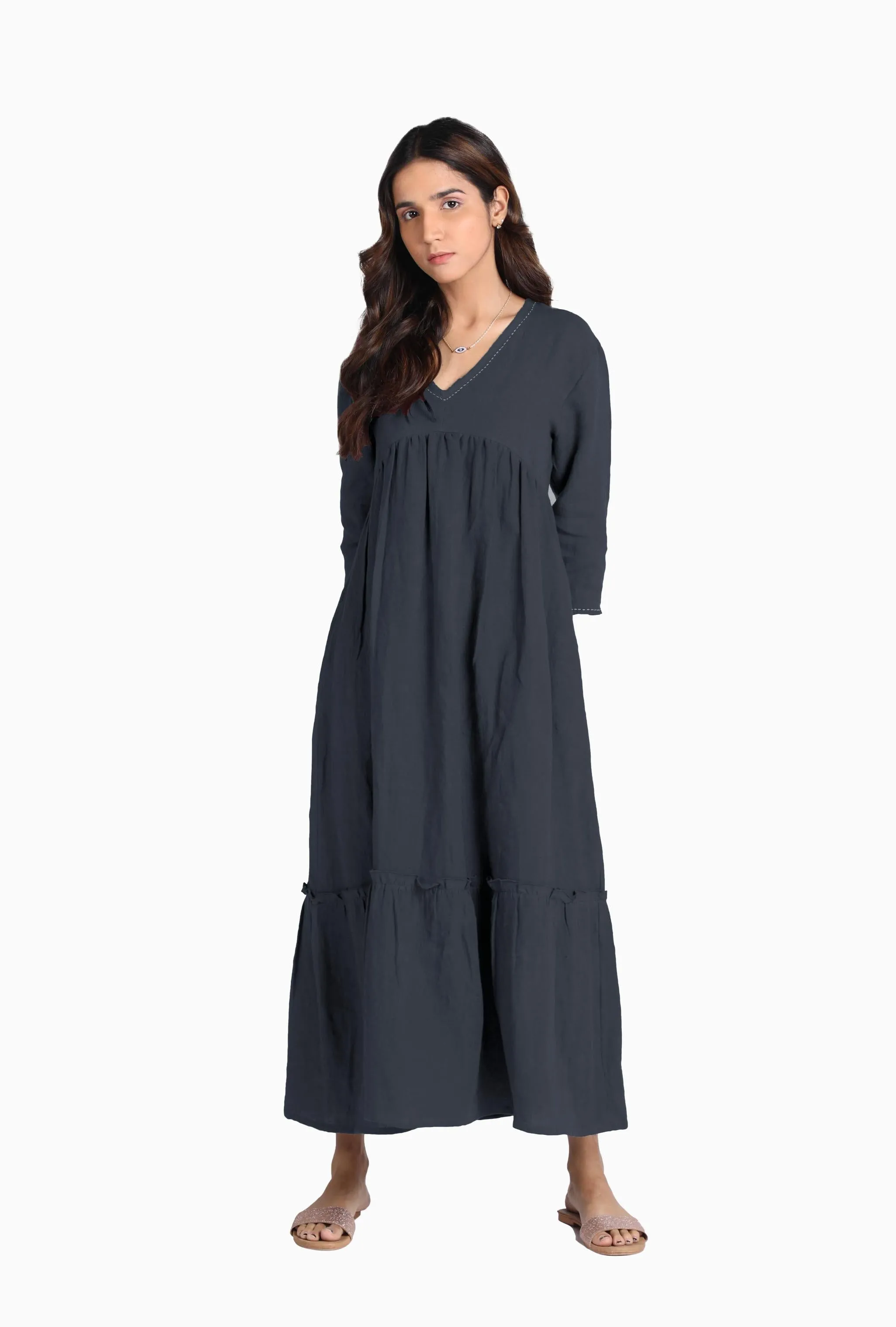 Linen Twilight Maxi Dress-Midnight Green