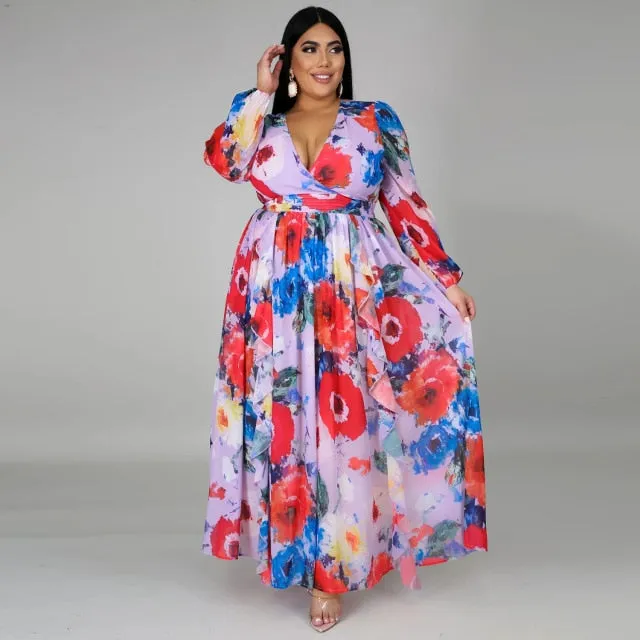 Long Sleeve Cross V-Neck Maxi Dress Bohemia Dress Full Plus Size Dress