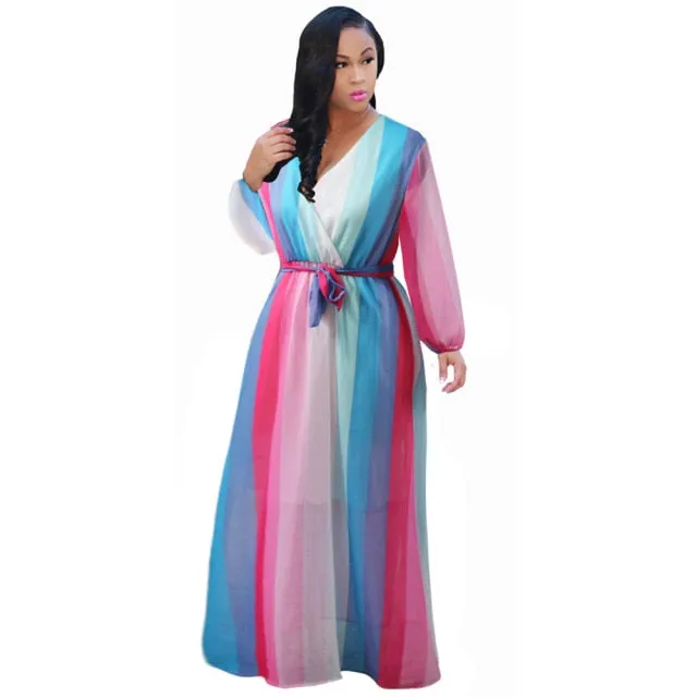 Long Sleeve Cross V-Neck Maxi Dress Bohemia Dress Full Plus Size Dress