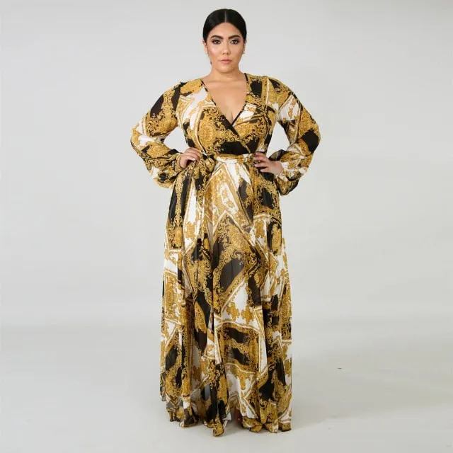 Long Sleeve Cross V-Neck Maxi Dress Bohemia Dress Full Plus Size Dress