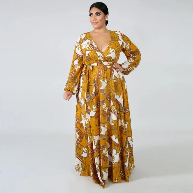 Long Sleeve Cross V-Neck Maxi Dress Bohemia Dress Full Plus Size Dress