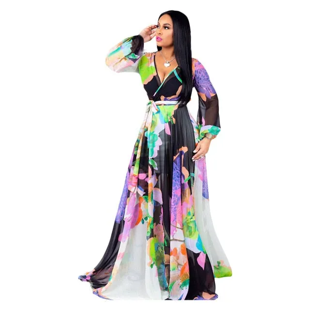 Long Sleeve Cross V-Neck Maxi Dress Bohemia Dress Full Plus Size Dress