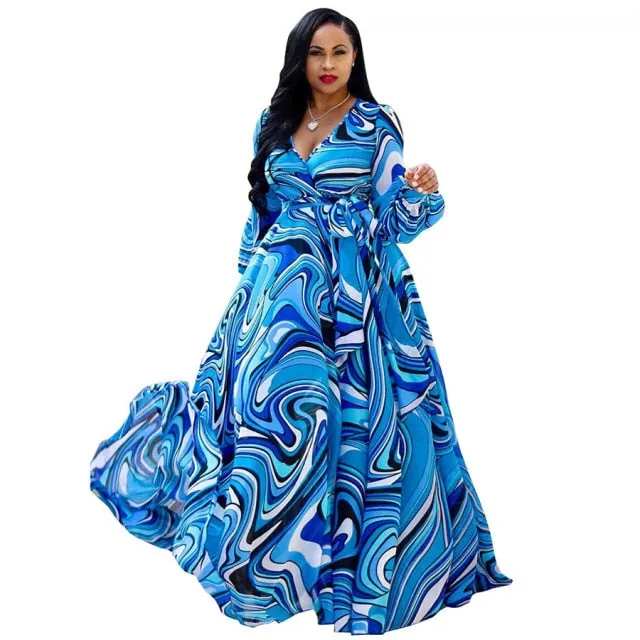Long Sleeve Cross V-Neck Maxi Dress Bohemia Dress Full Plus Size Dress