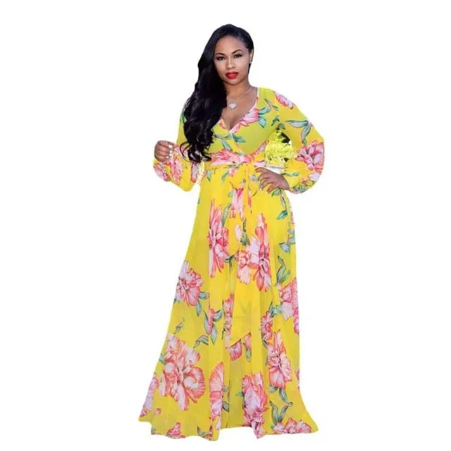Long Sleeve Cross V-Neck Maxi Dress Bohemia Dress Full Plus Size Dress