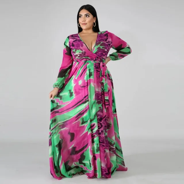 Long Sleeve Cross V-Neck Maxi Dress Bohemia Dress Full Plus Size Dress