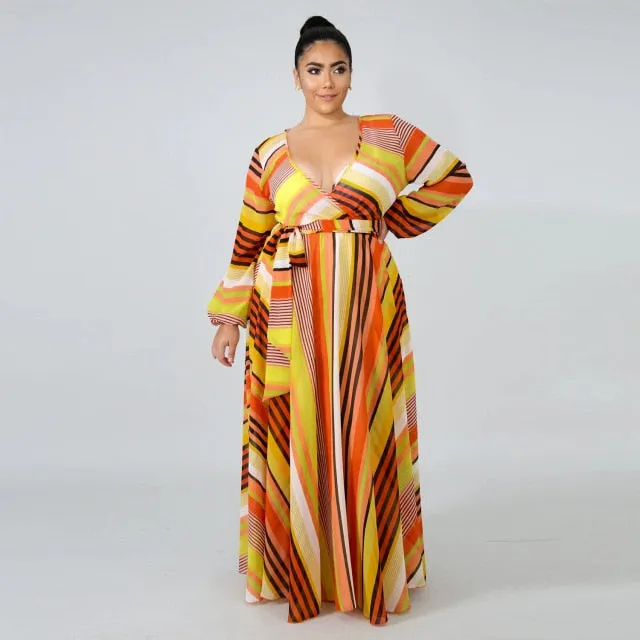 Long Sleeve Cross V-Neck Maxi Dress Bohemia Dress Full Plus Size Dress