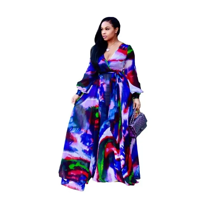 Long Sleeve Cross V-Neck Maxi Dress Bohemia Dress Full Plus Size Dress