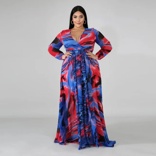 Long Sleeve Cross V-Neck Maxi Dress Bohemia Dress Full Plus Size Dress