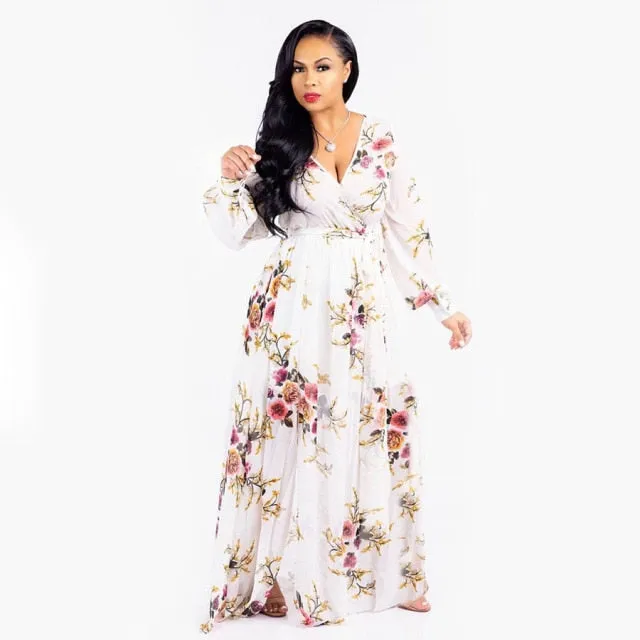 Long Sleeve Cross V-Neck Maxi Dress Bohemia Dress Full Plus Size Dress