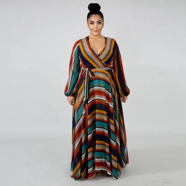 Long Sleeve Cross V-Neck Maxi Dress Bohemia Dress Full Plus Size Dress