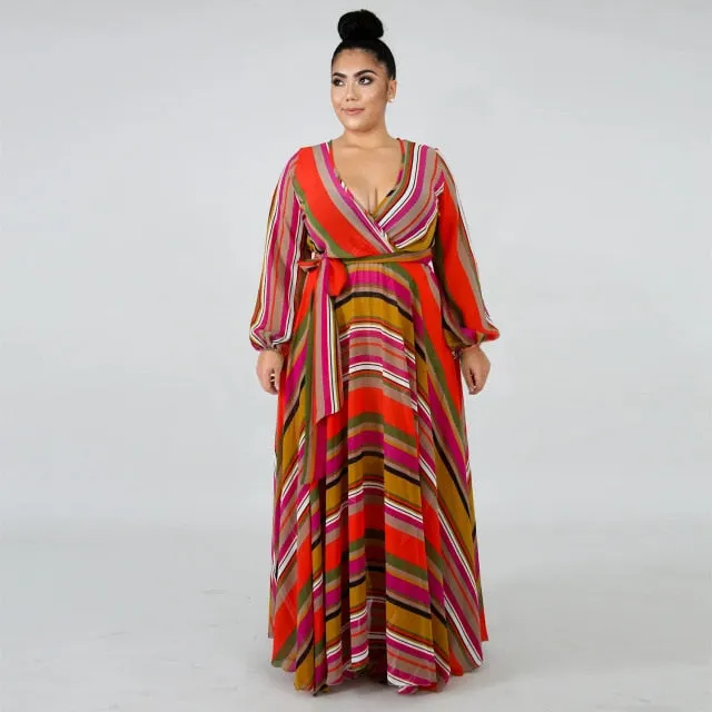 Long Sleeve Cross V-Neck Maxi Dress Bohemia Dress Full Plus Size Dress