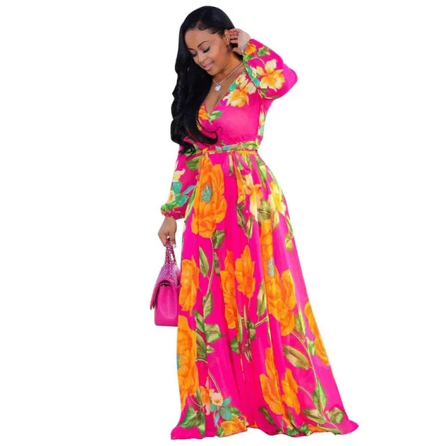Long Sleeve Cross V-Neck Maxi Dress Bohemia Dress Full Plus Size Dress