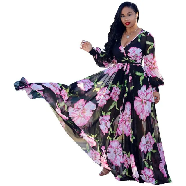Long Sleeve Cross V-Neck Maxi Dress Bohemia Dress Full Plus Size Dress