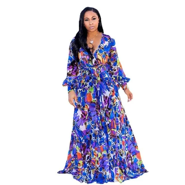 Long Sleeve Cross V-Neck Maxi Dress Bohemia Dress Full Plus Size Dress