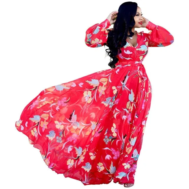 Long Sleeve Cross V-Neck Maxi Dress Bohemia Dress Full Plus Size Dress
