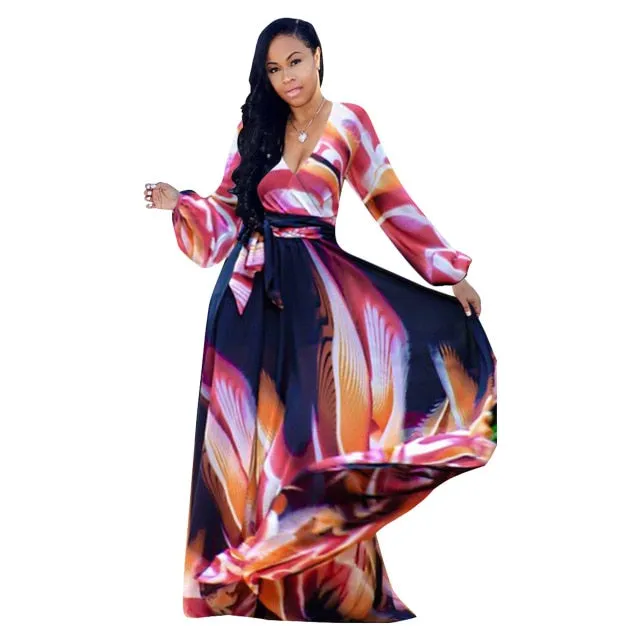 Long Sleeve Cross V-Neck Maxi Dress Bohemia Dress Full Plus Size Dress