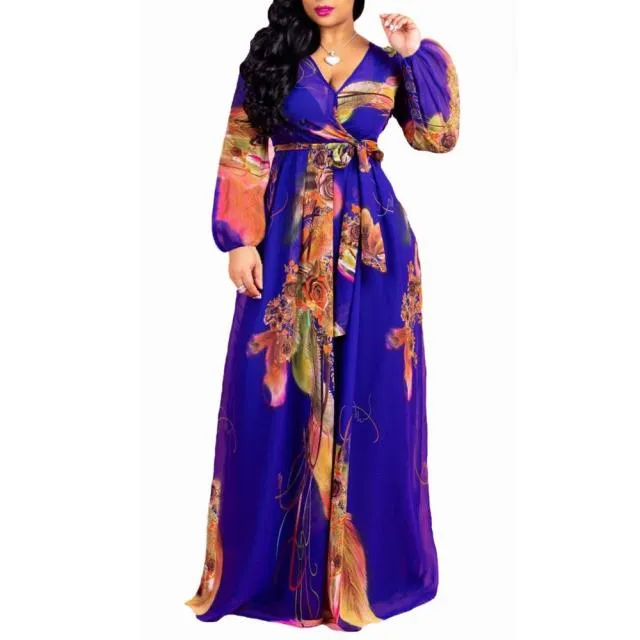 Long Sleeve Cross V-Neck Maxi Dress Bohemia Dress Full Plus Size Dress