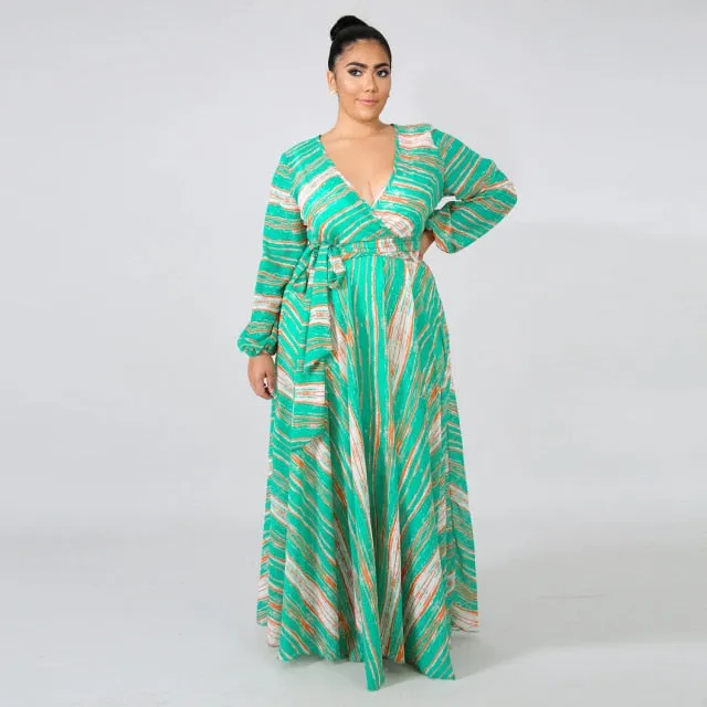 Long Sleeve Cross V-Neck Maxi Dress Bohemia Dress Full Plus Size Dress