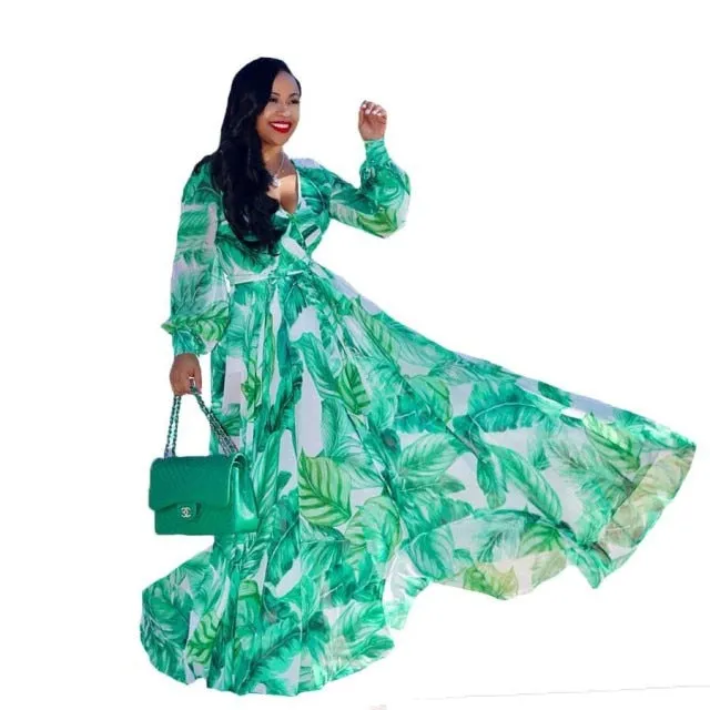 Long Sleeve Cross V-Neck Maxi Dress Bohemia Dress Full Plus Size Dress