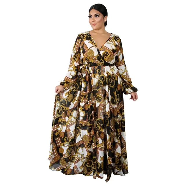 Long Sleeve Cross V-Neck Maxi Dress Bohemia Dress Full Plus Size Dress