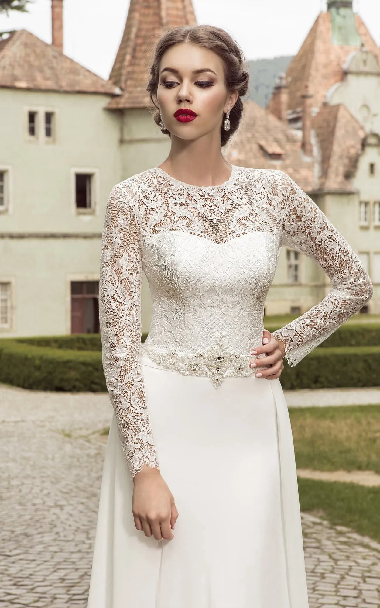 Long Sleeve Lace-up Lace Top Dress With Crystal Detailing-714068