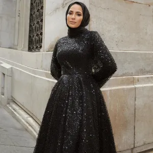 Long Sleeve Sequins Knee Lenght Party Dress Glitter High Neck Evening Dresses Shiny Long Sleeve Prom Dress
