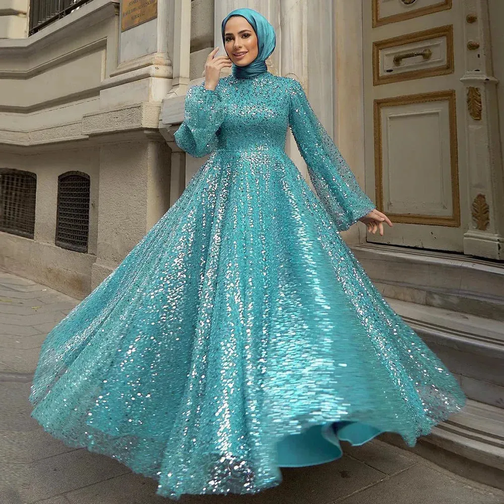 Long Sleeve Sequins Knee Lenght Party Dress Glitter High Neck Evening Dresses Shiny Long Sleeve Prom Dress