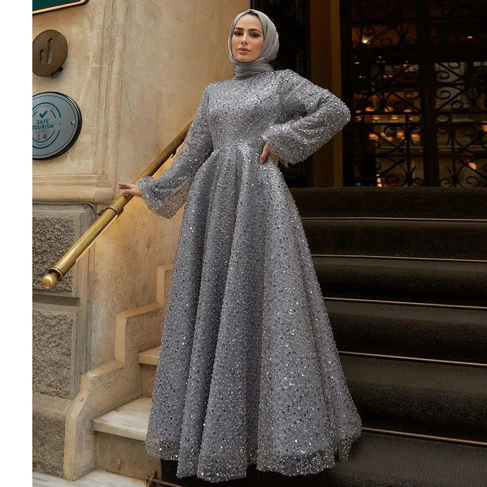 Long Sleeve Sequins Knee Lenght Party Dress Glitter High Neck Evening Dresses Shiny Long Sleeve Prom Dress