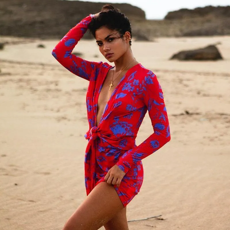 Long Sleeve Summer Lace Up Beach Dress