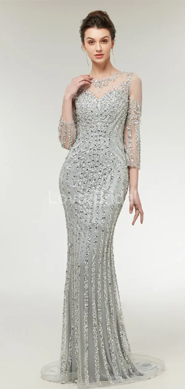 Long Sleeves Lace Beaded Mermaid Long Evening Prom Dresses, Evening Party Prom Dresses, 12003