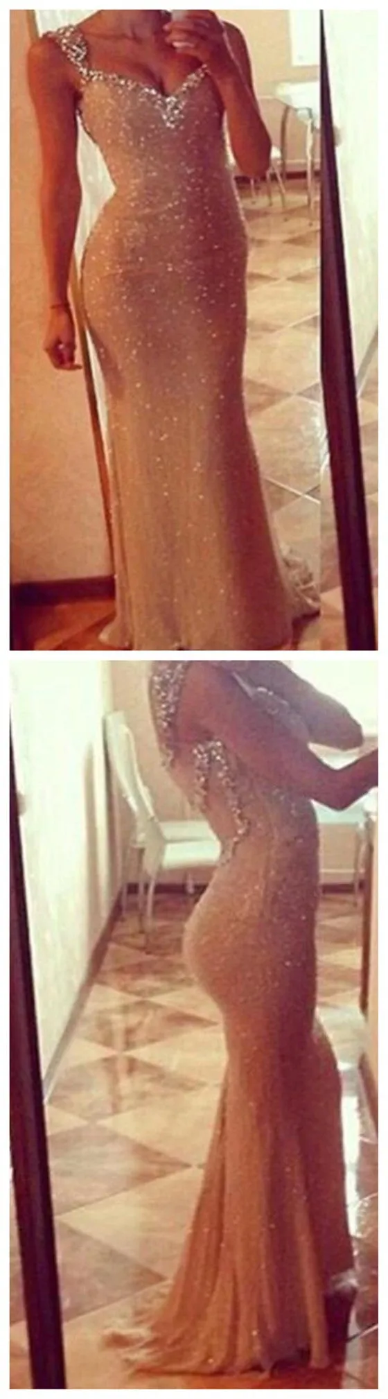 Long Sparkly Full Sequins Sheath Sleeveless V-neck Mermaid Popular Prom Dresses ,PD0109