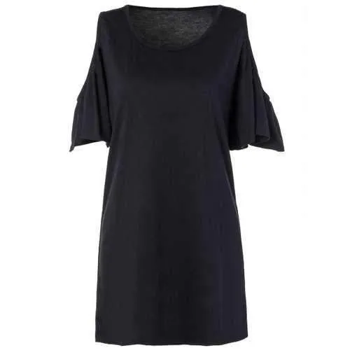 Loose Open Shoulder Flounce Sleeve Mini Dress With Sleeves - Black S
