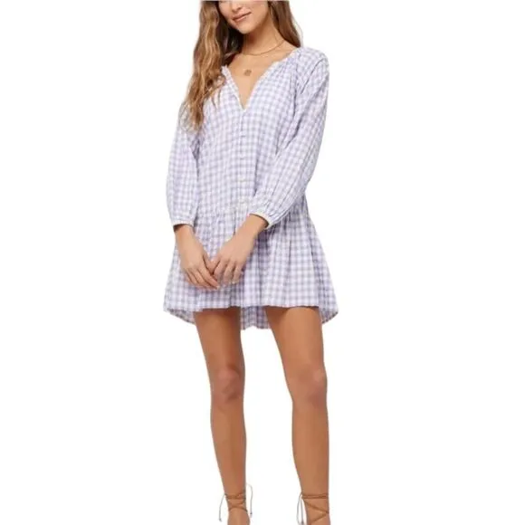 L*Space Vida Button Front Balloon Sleeve Tiered Mini Dress in Park Slope Gingham