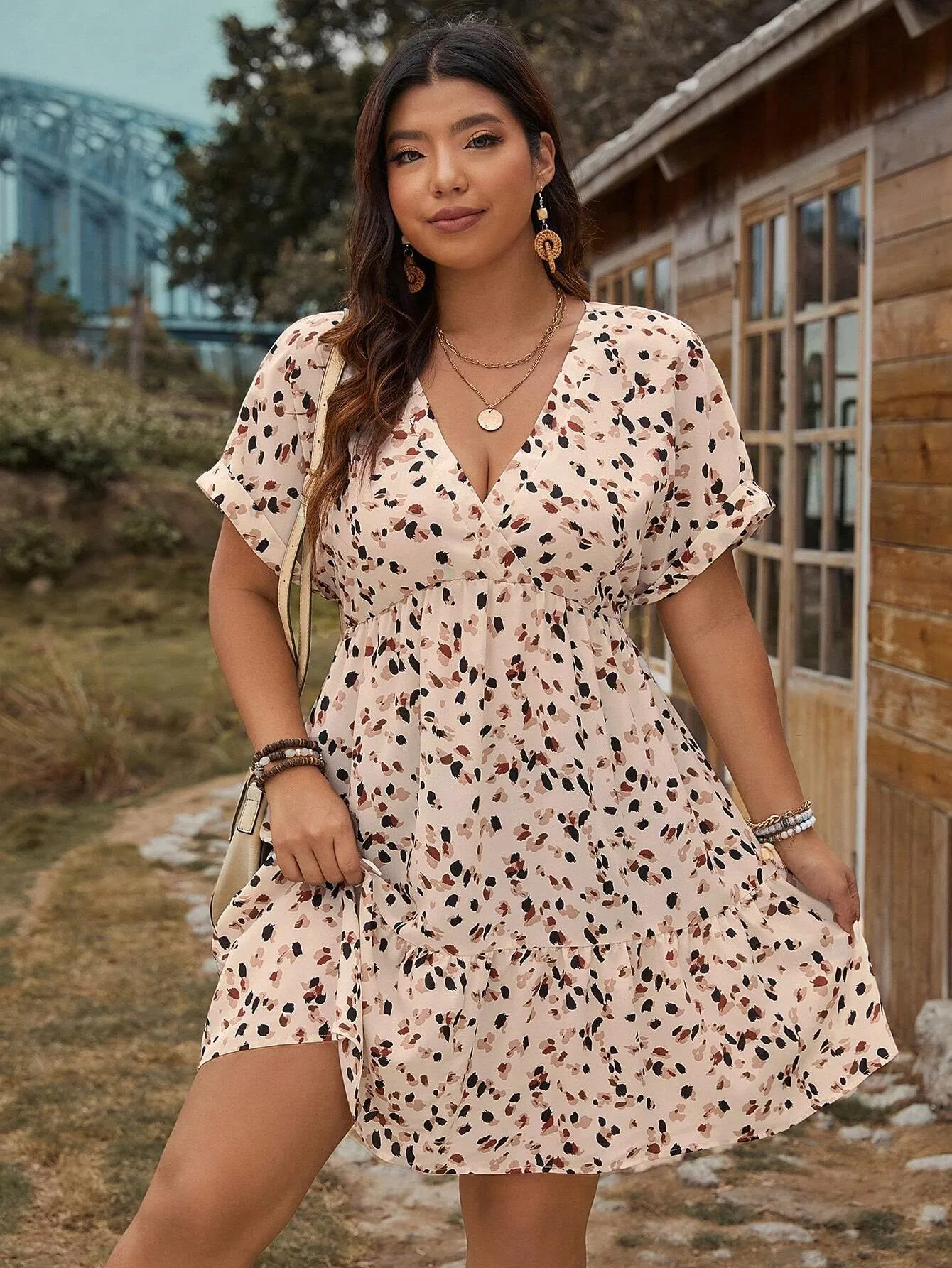 Luneh plus Size V-Neck Short Allover Print Mother Day Dress, Summer