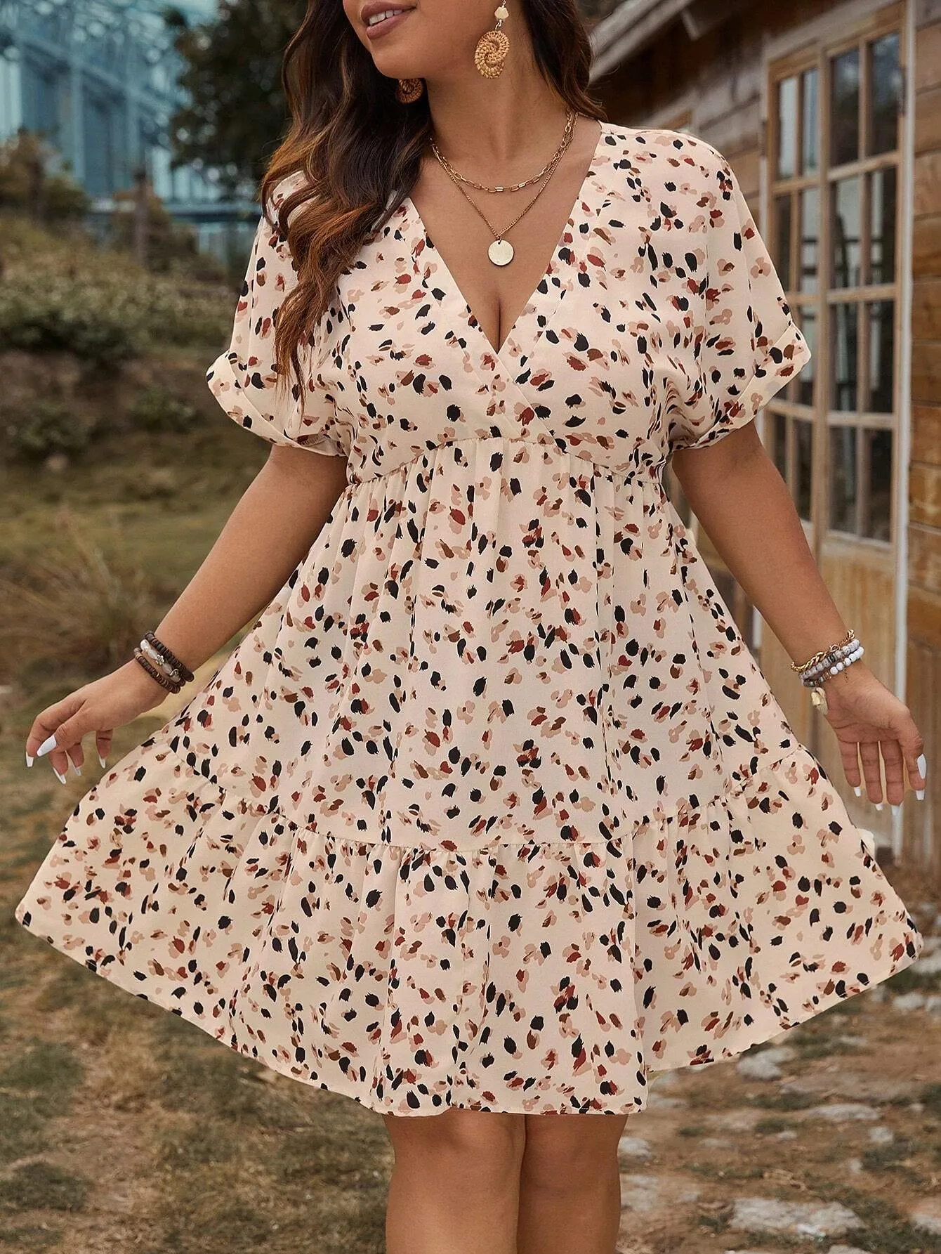 Luneh plus Size V-Neck Short Allover Print Mother Day Dress, Summer